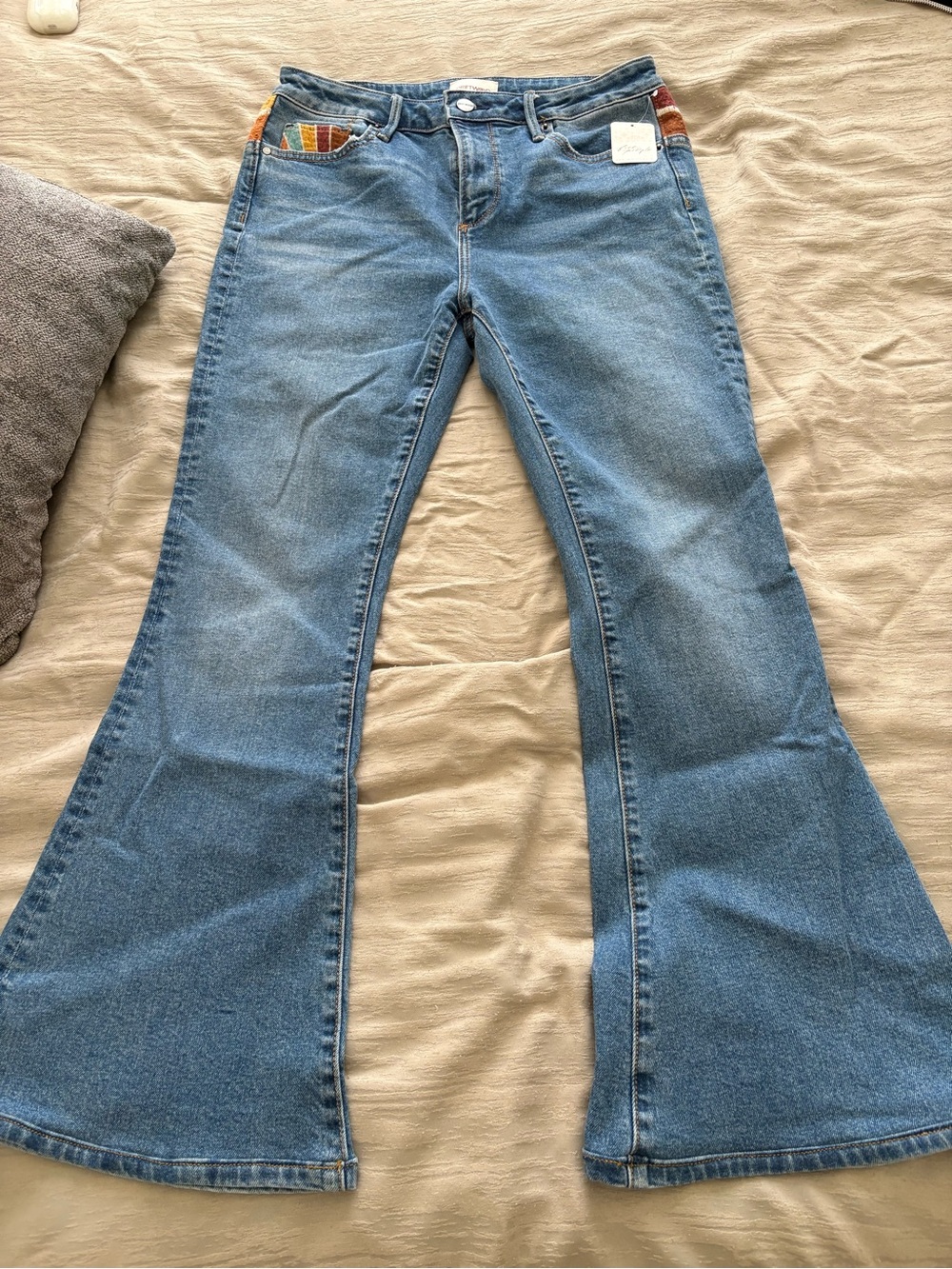 Free People Light Blue Flare Jeans with Multicolor Pocket Accents